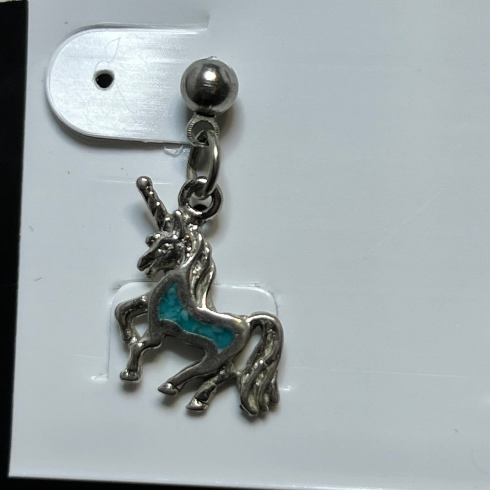 Vintage Silver Tone Faux Mosaic Turquois Unicorn Pierced Earrings (3780) - Picture 4 of 6